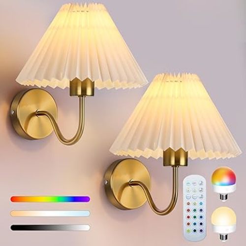 Battery Operated Wall Sconce Set of 2, Wireless Wall Sconces, Pleated Shades Rechargeable Wall Lights with Remote Control, Dimmable 15 Colors & Magnetic Bulbs Home Decor for Bedroom Living Room(Gold)