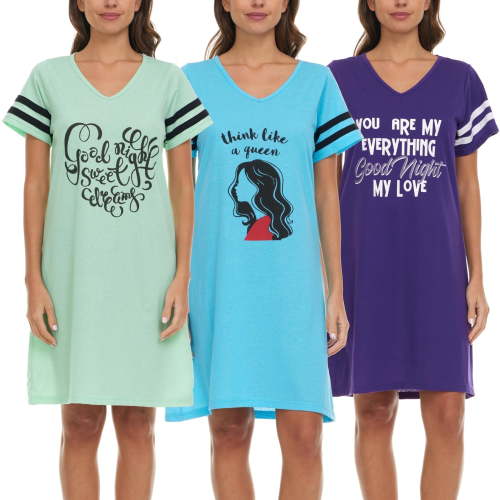 Lati Fashion 3 Pack Womens Nightgowns Soft Cotton Sleepwear Short Sleeve Nightshirts Comfy Pajama Dresses Ladies Loungewear Sleep Shirts Size S-3X