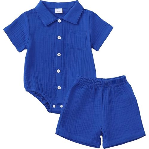 Jecson Newborn Boy Clothes Baby Boy Outfits Summer Cotton 2 Piece Set with Button Down Bodysuit and Shorts 0-18M