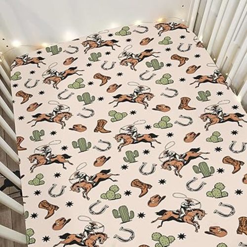 Retro Western Cowboy Baby Crib Sheets for Boy Girl 52x28Inch Cowboy Boots Hat Horse Cactus Soft Snug Fitted Crib Mattress Cover Wild West Desert Baby Sheet for Standard Crib & Toddler Mattress Pad