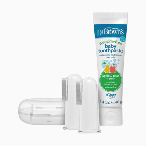 Dr. Brown's Silicone Finger Toothbrush with Case, 2-Pack - Clear/White, Apple Pear Toothpaste
