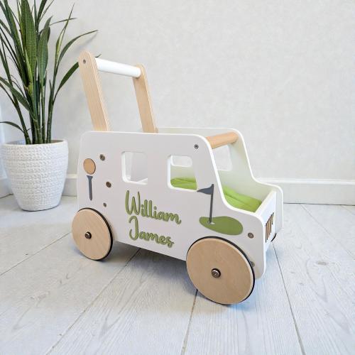 Personalized Wooden Baby Walker: Golf Cart Push Toy, 1st Birthday Gift, golf nursery decor