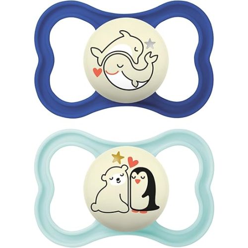 MAM Supreme Baby Pacifier, Newborns 16+ Months, Developed with Orthodontists, Extra Air Flow for Sensitive Skin, Glows in The Dark, BPA-Free Silicone, Sterilizer Case, Pack of 2, Made in Europe