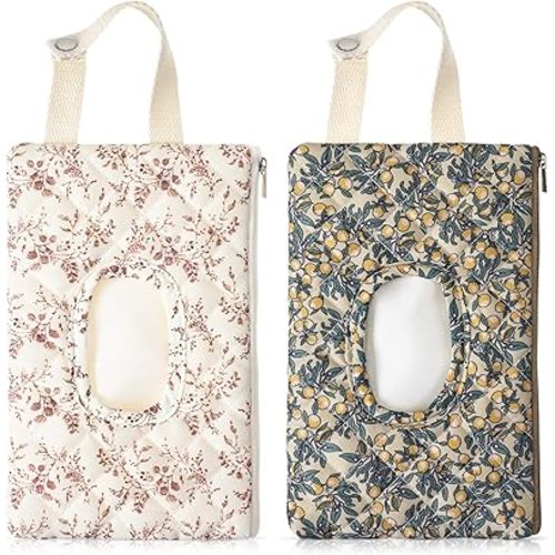 2 Pcs Quilted Diaper and Wipes Pouch Portable Hanging Floral Wet Wipe Bag Diaper Bag Reusable Wipes Pouch for for Stroller Car Travel Infant Diapering Organizer (Mixed Floral)