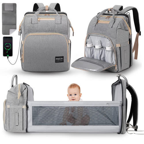 DerJunstar Diaper Bag Backpack,Multi-Functional Diaper Bag with Changing Station,USB Charging Port,Grey Color