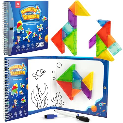 Coogam Magnetic Travel Tangram Puzzle with 3D Building Blocks, Road Trip Pattern Shape Handwriting Jigsaw Books with 360 Brain Teasers, Montessori Educational Toy Gift for Kids Adults