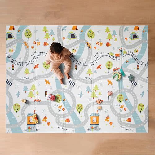Nuby Reversible Baby Floor Mat - Foldable and Lightweight Foam Infant Play Mat - 77" x 58" - Easy Storage and Travel - Car Tracks/Alphabet