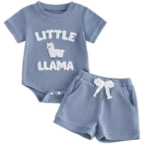 XRTBMN Little Llama Newborn Outfit Baby Boy 2Pcs Summer Clothes Infant Short Sleeve Letter Romper and Waffle Shorts Sets