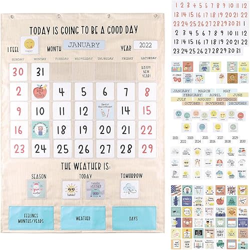 The Peanutshell Learning Calendar Wall Chart - Homeschool Supplies, Interactive Pocket Chart for Toddlers & Kids - Preschool Learning Activity Board, Circle Time Board for Classroom - Good Day