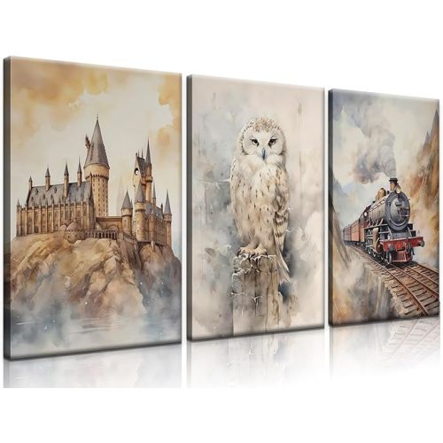 3Pcs Magic Nursery Wall Art Express Train Snowy Owl Magic Castle Painting Wall Decor Magic Canvas Neutral Watercolor Poster Print Artwork for Kid Baby Nursery Home Decoration 12X16in Framed