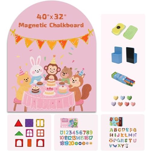 Soubeoii Magnetic Arch Wall Decal 40"x32" — Upgraded Self-Adhesive Magnetic Chalkboard, Magnet Wall for Kids, Includes 4 Magnet Sets, Chalk & Pen Holder for Playroom & Home Decor(Deep Pink)