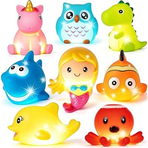 Bath Toys for Toddlers Baby 8 Pack Light Up Toys - Bathtub Toy Flashing Colourful LED Light Shower Bathtime for Kids Infants Shark, Clown Fish, Owl, Unicorn, Octopus, Dolphin, Dinosaur Mermaid