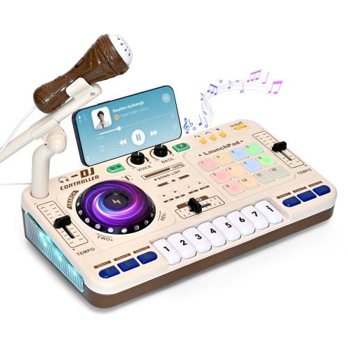 KOIJUMP DJ Table for Kids, Toddler DJ Toy Set with Turntable, Lights, Microphone, MIDI Mixing