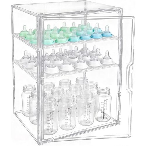 GRETJOB Baby Bottle Organizer, 3-Tier Adjustable Clear Acrylic Storage Station with Drawer & Magnetic Door for Countertop/Cabinet, Holds Bottles, Nipples, Pump Parts, Food Jars
