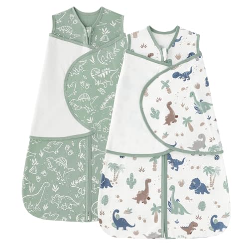 Baby Swaddle Sleep Sack 0-3 Months, Cotton Swaddles for Newborns Boys Girls, 2-Way Zipper Transitional Infant Wearable Swaddling Blanket with Quiet Closure, 0.5 TOG 2 Pack Soft Green Dinosaur