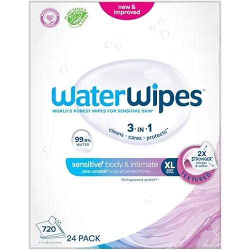 WaterWipes Sensitive Whole Body Cleansing Wipes, 99.9% Purified Water, XL Textured Wipes, Incontinence Care, Fragrance Free, 720 Count (24 Packs)