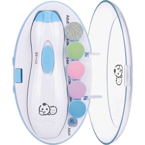 Royal Angels Upgraded 6 in 1 Baby Nail Trimmer with Labeled Case, 4 Colored Pads for Newborns to Toddlers, Whisper Quiet Electric Nail File with LED Light, Safe Manicure Set for Families (Babyblue)