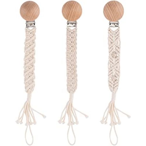 Boho Pacifier Clip for Boys Girls Pacifier Holder Leash Wooden Clips Handmade Braided Cotton Unisex Baby Shower Birthday Gift Christmas Gift (Pattern 1)