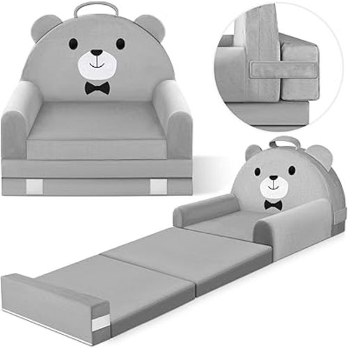Sofá cama para niños con funda extraíble lavable y respaldo de cinta mágica - Silla plegable para niños pequeños, cómodos muebles de terciopelo de cristal para jugar, siestas y viajes (gris suave