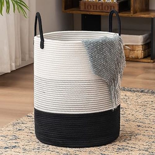 YOUDENOVA Woven Rope Laundry Hamper Basket, 72L Tall Laundry Basket, Baby Nursery Hamper for Blanket Storage in Bedroom-Large-Dark White