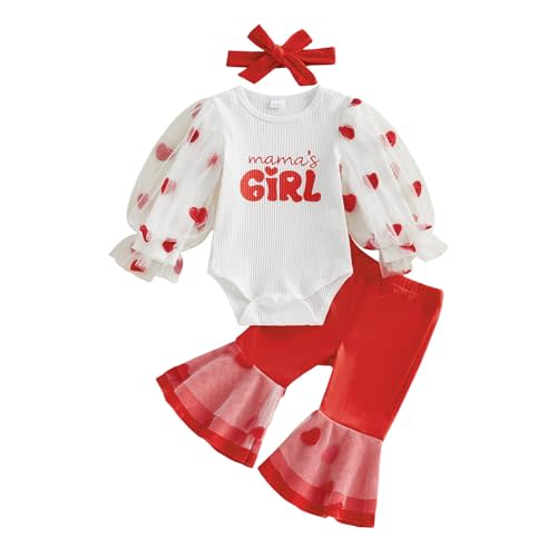 Baby Girl My First Valentines Day Outfit Long Sleeve Romper Tops+ Flare Bell Bottom Pants+Headband 3Pcs Clothes Set