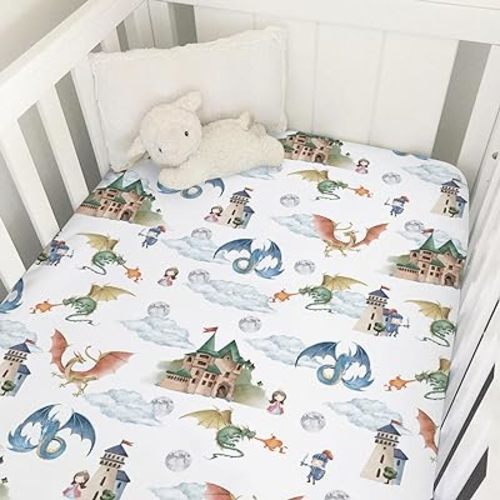 Fairytale Dragons Castle Baby Crib Sheet 52''x28'' Cute Dragon Princess Knight Moon Clouds Stretchy Fitted Crib Mattress Cover for Boy Girl Bed Sheets for Standard Crib Toddler Mattress