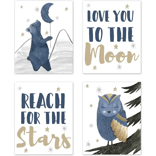 Sweet Jojo Designs Woodland Bear and Owl Wall Art Prints Room Decor for Baby, Nursery, and Kids - Set of 4 - Navy Blue, Grey, Gold and Black Celestial Moon Star Watercolor Forest Animal