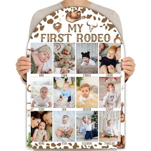 Western Cowboy My First Year Photo Board, 23x16 My First Rodeo Baby Milestone Signs for Boys Girls Nursery Decor, 12 Month Wooden Picture Board Frame for 3.5x5 Photos, Best Baby Keepsake Gifts-C03