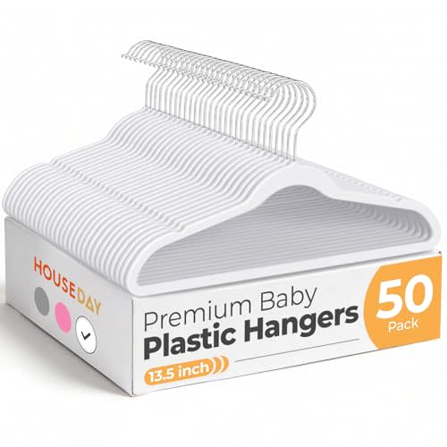 HOUSE DAY 13.5 Inch Kids Hangers 50 Pack - Premium ABS Plastic Clothes Hangers for Kids, Children, Preteens - Space Saving Thin Profile, Strong & Durable Hangers with 360° Swivel Hook - White