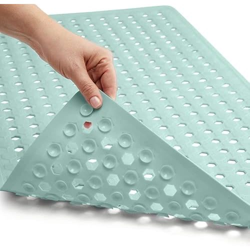 GORILLA GRIP Patented Bath Tub Shower Mat, Machine Washable Bathtub Floor Liner Mats, Suction Cups and Drain Holes to Keep Tubs Clean, Soft on Feet, Bathroom Essentials, 35x16 Inch, Mint Opaque