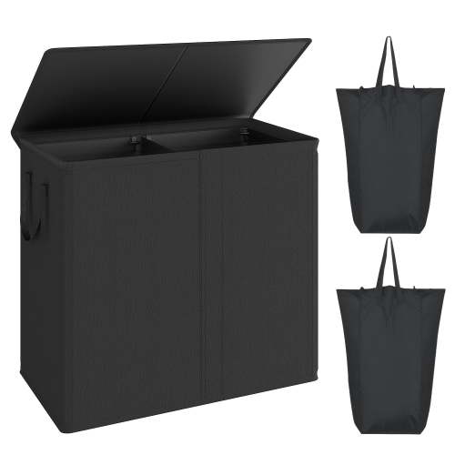 BGTREND Double Laundry Hamper with Lid 110L Laundry Basket with Removable Liner Bags Collapsible Laundry Sorter Dirty Clothes Hamper (Black)
