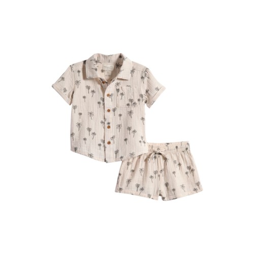 Print Organic Cotton Gauze Button-Up Shirt & Shorts Set, 9M