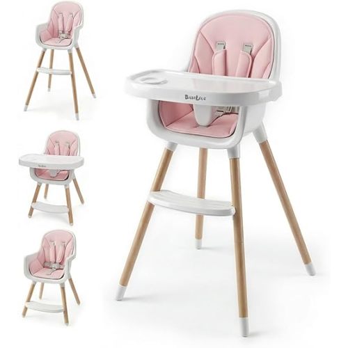Babilous Baby High Chair, Wooden Highchair with Removable Tray, Adjustable Legs, Cushion, 5-Point Harness and Footrest for Infants, Baby, Toddlers, Pink