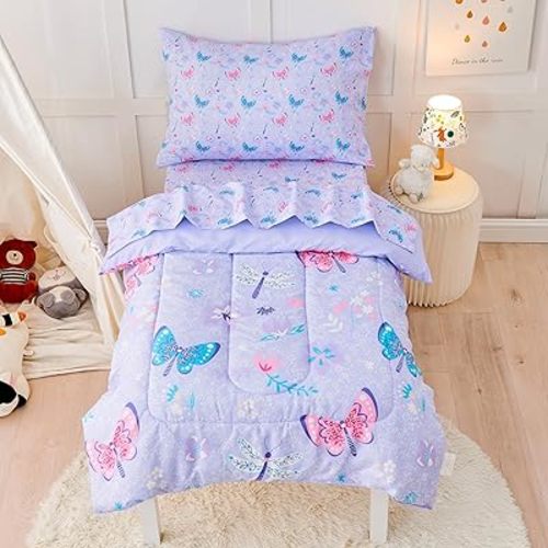 Butterfly Toddler Bedding Set for Girls, 4 Piece Bed-in-a-Bag Toddler Comforter Sets, Super Soft Comforter Sheet Set and Comfortable Microfiber Toddler Bed Set