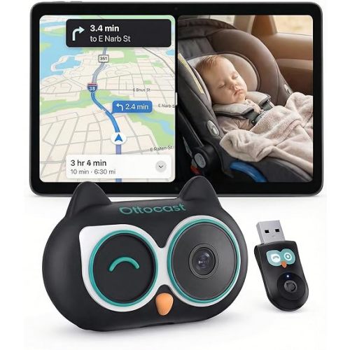 OTTOCAST Cabin Care Baby Car Camera 2026,Uses Your Car's Built-In Screen,No Extra Screen Needed,Split Screen for CarPlay and Baby View,No-Glow Night Vision,Plug&Play,150°Wide Angle(No Android Support)