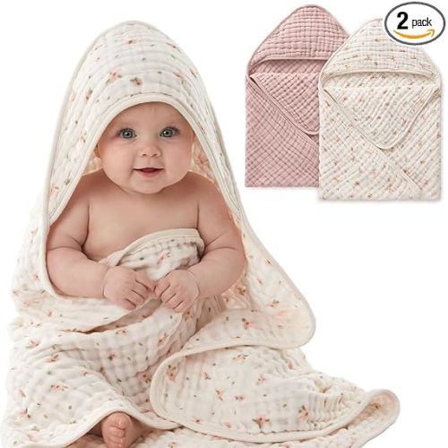 Blissful Diary Muslin Baby Hooded Towel 2 Pack, Soft & Absorbent Bath Towel for Baby Girls, Infant Gift, Newborn Essentials, Pink Floral & Light Pink