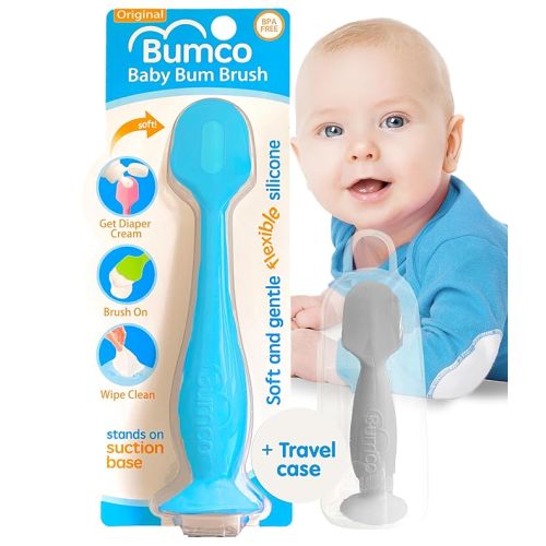 Bumco 2-PACK Diaper Cream Spatula - FULL-SIZE + MINI Baby Bum Brush with TRAVEL CASE - Diaper Cream Applicator for Baby - Baby Necessities - Suitable for Aquaphor, Desitin - Blue & Gray