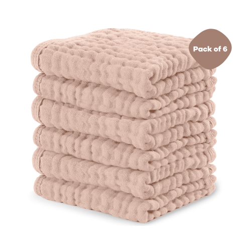 Comfy Cubs Baby Washcloths, Muslin Cotton Baby Towels, Large 10”x10” Wash Cloths (Blush, Pack of 6)