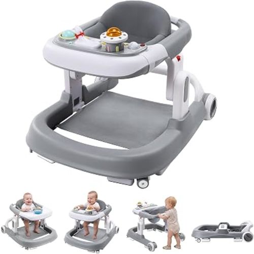Baby Walker with Wheels, 5-in-1 Foldable Infant Toddler Walker for Boys Girls 6-18 Month,One-Step Fold Structure, 3 Adjustable Heights, Detachable Seat,Push Walker with Speed Control Wheels, Grey