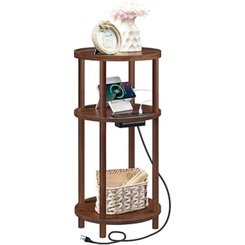 HOOBRO Small Round Side Table with Charging Station, 3-Tier Round Bamboo End Table, Compact Sofa Bedside Table for Small Space, Easy Assembly, for Living Room, Bedroom, Apartment, Mocha MA152UBZ01