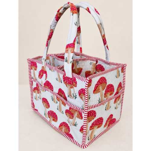 Cotton Nappy Caddy Organizer | Mushroom Print Baby Diaper Storage Basket | Personalized Nursery Essential Gifts