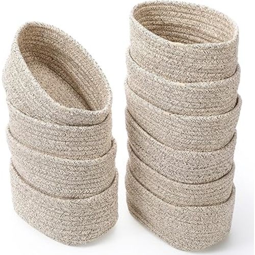 10 Pack Small Woven Baskets for Storage, Cotton Rope Decorative Organizer Storage Bins for Shelves, Closet, Nursery, Bathroom, 7.5"x5.5"x3.9" Tiny Boho Empty Gift Baskets (Linen)