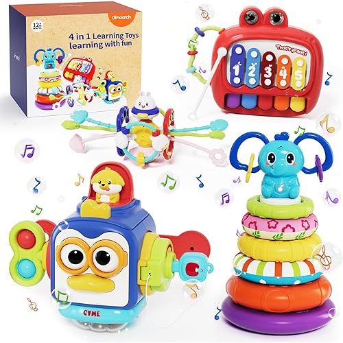4-in-1 Baby Toys 6-12 Months, Learning & Education Toys for Babies 6-12-18 Months, Infant Teething Toy Stacking Blocks Rings Busy Cube Xylophone Gift for Toddlers Aged 1-3