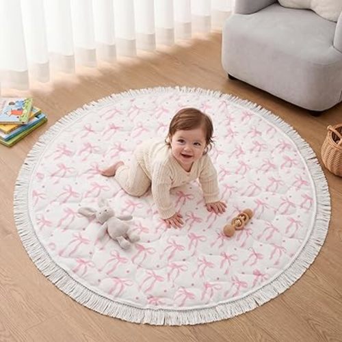 Lyrow Pink Bow Baby Play Mats for Floor 40" Round Play Activity Mat Pink Bow Nursery Decor Cute Infant PlayMats with Fringed Edges for Tummy Time and Floor Activities Newborn Baby Essentials Gift