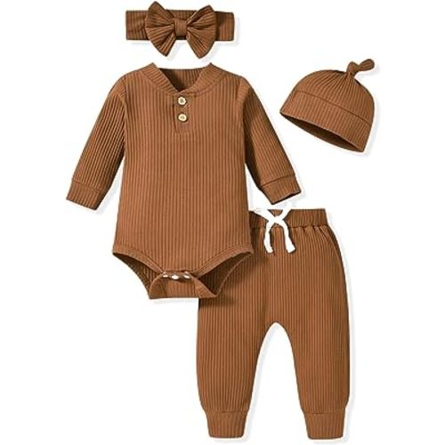 Aalizzwell Gender Neutral Long Sleeve Baby Ribbed Outfit with Hat & Headband