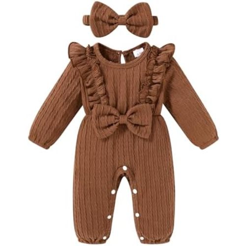 Happy Town Baby Girl Romper Infant Fall Winter Clothes Ruffle Sweater Long Sleeve Bodysuit Jumpsuit and Headband