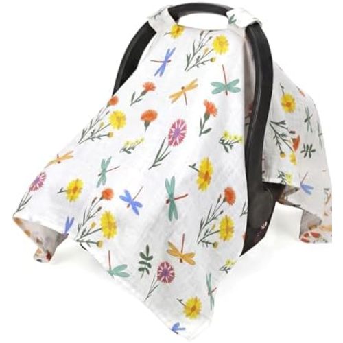 Rquite Car Seat Cover Baby Girl, 100% Cotton Muslin Infant Carseat Canopy