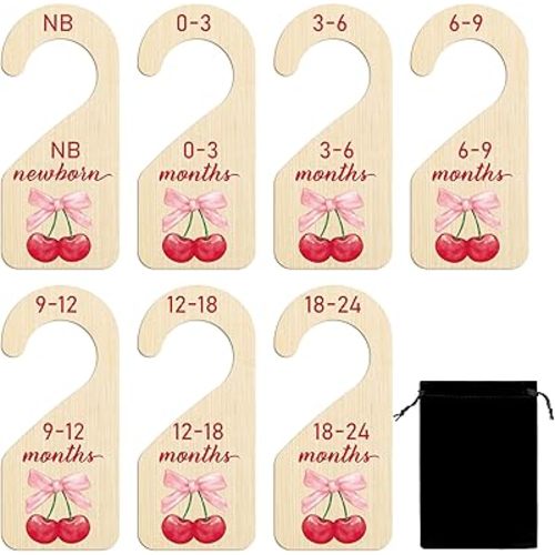 R HORSE Wooden Baby Closet Dividers - 8Pcs Double-Sided Cherry Pink Bow Baby Closet Organizer Newborn Clothes Size Hanger Dividers Nursery Decor Baby Shower Birthday Gift for Boy Girl (0-24 Months)