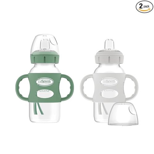 Dr. Brown's Milestones Wide-Neck Sippy Spout Bottle with 100% Silicone Handles, Easy-Grip Handles with Soft Sippy Spout, 9oz/270mL, Green & Gray, 2-Pack, 6m+