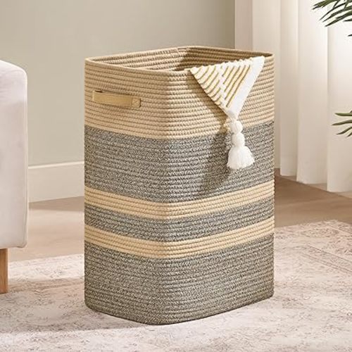 Nunsino Laundry Hamper,Laundry Basket with Leather Handles,Woven Storage Basket for Toys,Pillows,Blankets,Clothes,Dark&Brown